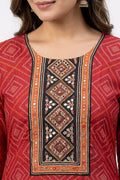 Red Printed Cotton Kurta Pant Set with Ethnic Dupatta for Women - The House of Indu