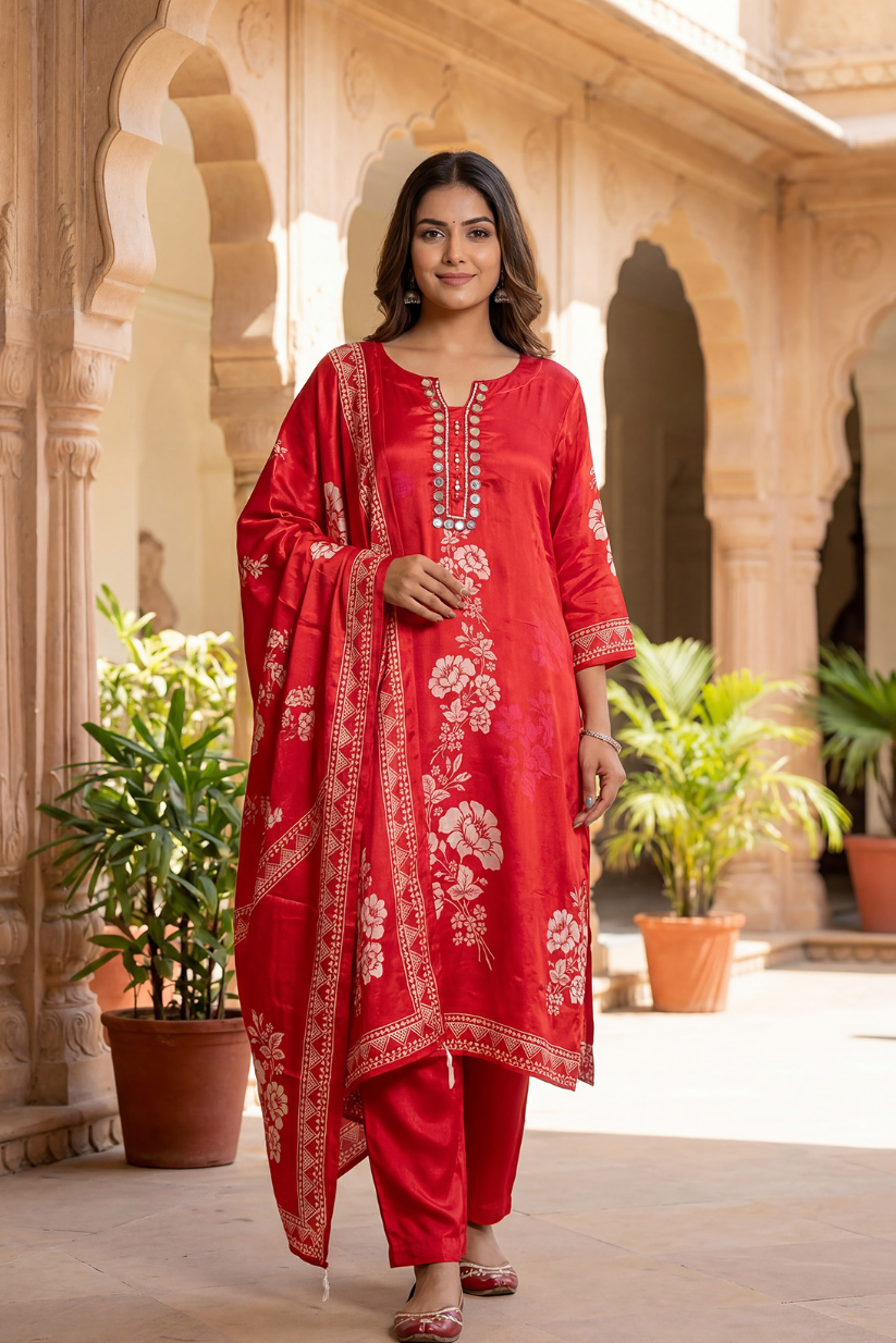 Woman wearing red printed kurta set with mirror work dupatta front view