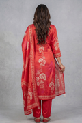 Rear full look of red printed kurta set with dupatta and straight pants for women