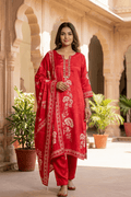 Red Printed Kurta Set with Mirror Work Dupatta - The House of Indu