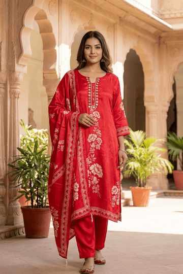 Red Printed Kurta Set with Mirror Work Dupatta - The House of Indu