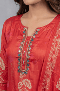 Red Printed Kurta Set with Mirror Work Dupatta - The House of Indu