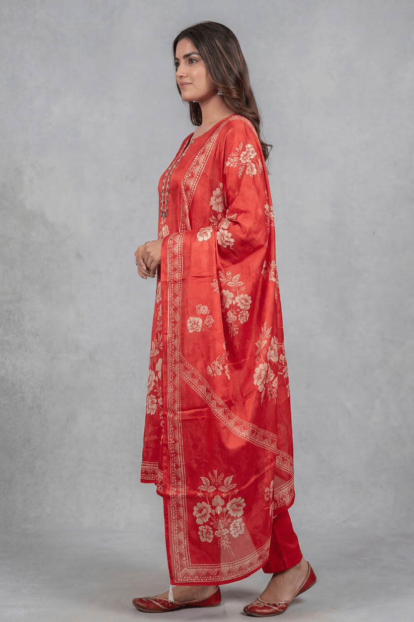 Red Printed Kurta Set with Mirror Work Dupatta - The House of Indu