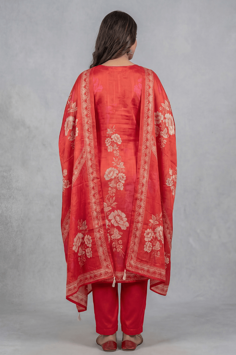 Red Printed Kurta Set with Mirror Work Dupatta - The House of Indu