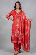 Red Printed Kurta Set with Mirror Work Dupatta - The House of Indu