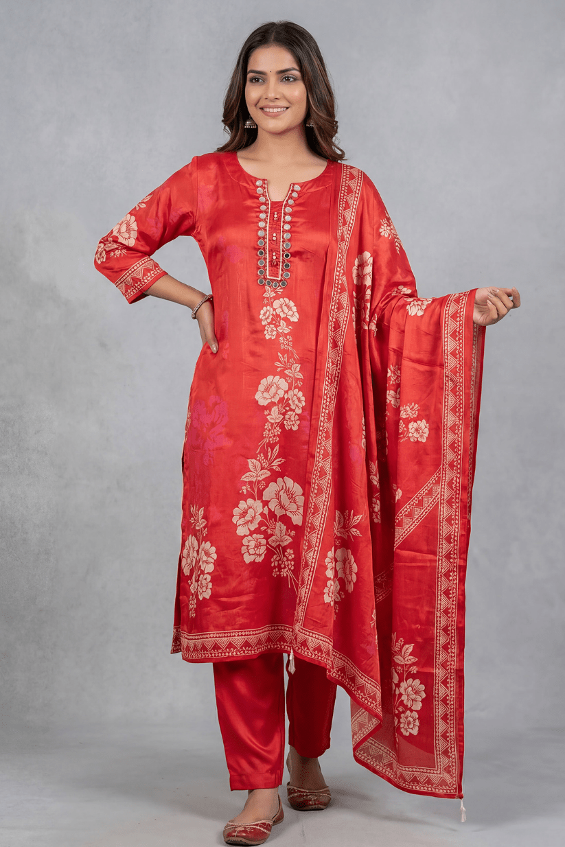 Red Printed Kurta Set with Mirror Work Dupatta - The House of Indu