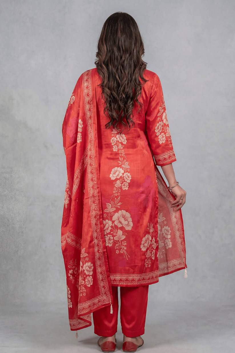 Red Printed Kurta Set with Mirror Work Dupatta - The House of Indu