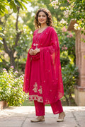 Rose Magenta Embroidered Cotton Kurta Set for Women - The House of Indu
