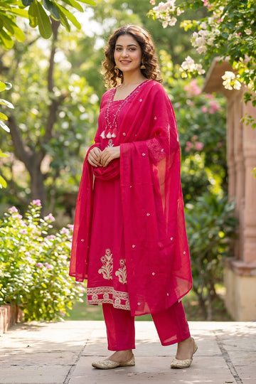 Rose Magenta Embroidered Cotton Kurta Set for Women - The House of Indu