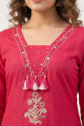 Rose Magenta Embroidered Cotton Kurta Set for Women - The House of Indu