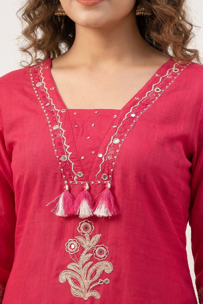 Rose Magenta Embroidered Cotton Kurta Set for Women - The House of Indu