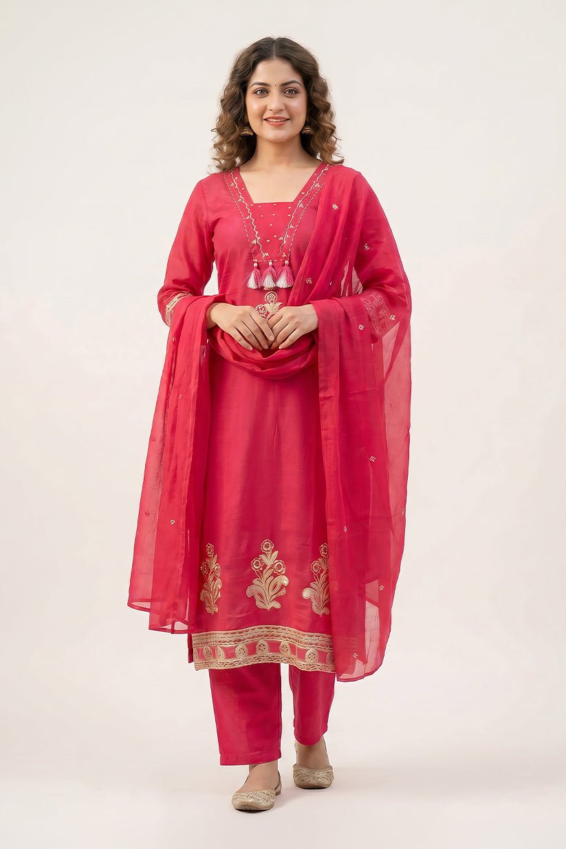 Rose Magenta Embroidered Cotton Kurta Set for Women - The House of Indu