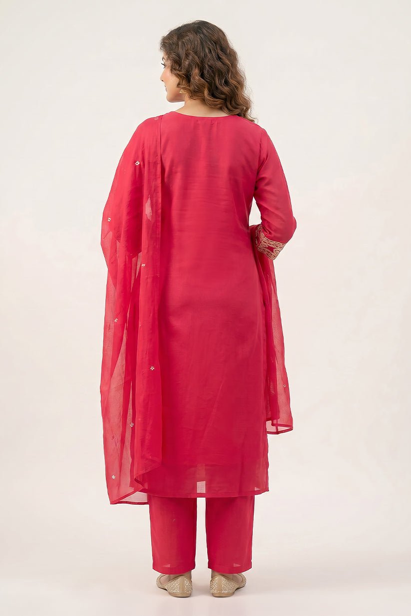 Rose Magenta Embroidered Cotton Kurta Set for Women - The House of Indu