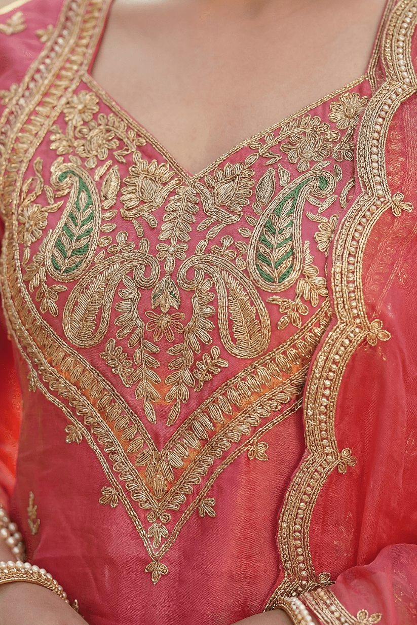 Rose Pink Embroidered Kurta Pant Set with Dupatta for Festive Wear Women - The House of Indu
