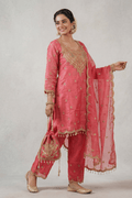 Rose Pink Embroidered Kurta Pant Set with Dupatta for Festive Wear Women - The House of Indu