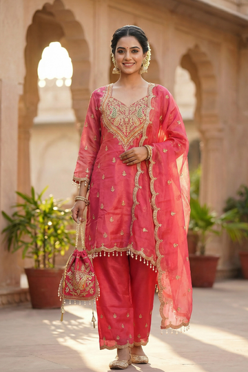 Women rose pink embroidered kurta pant set with dupatta front view