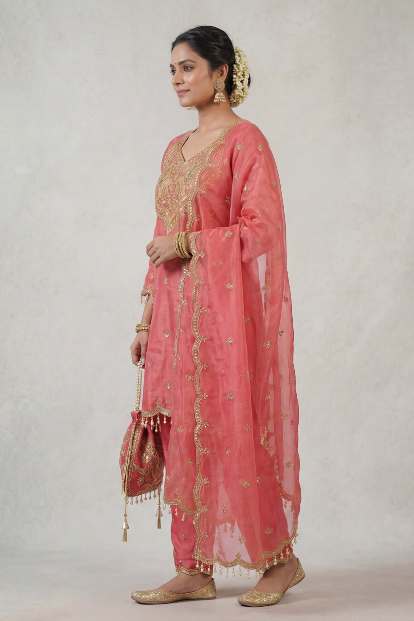 Side view of rose pink embroidered kurta pant set for women