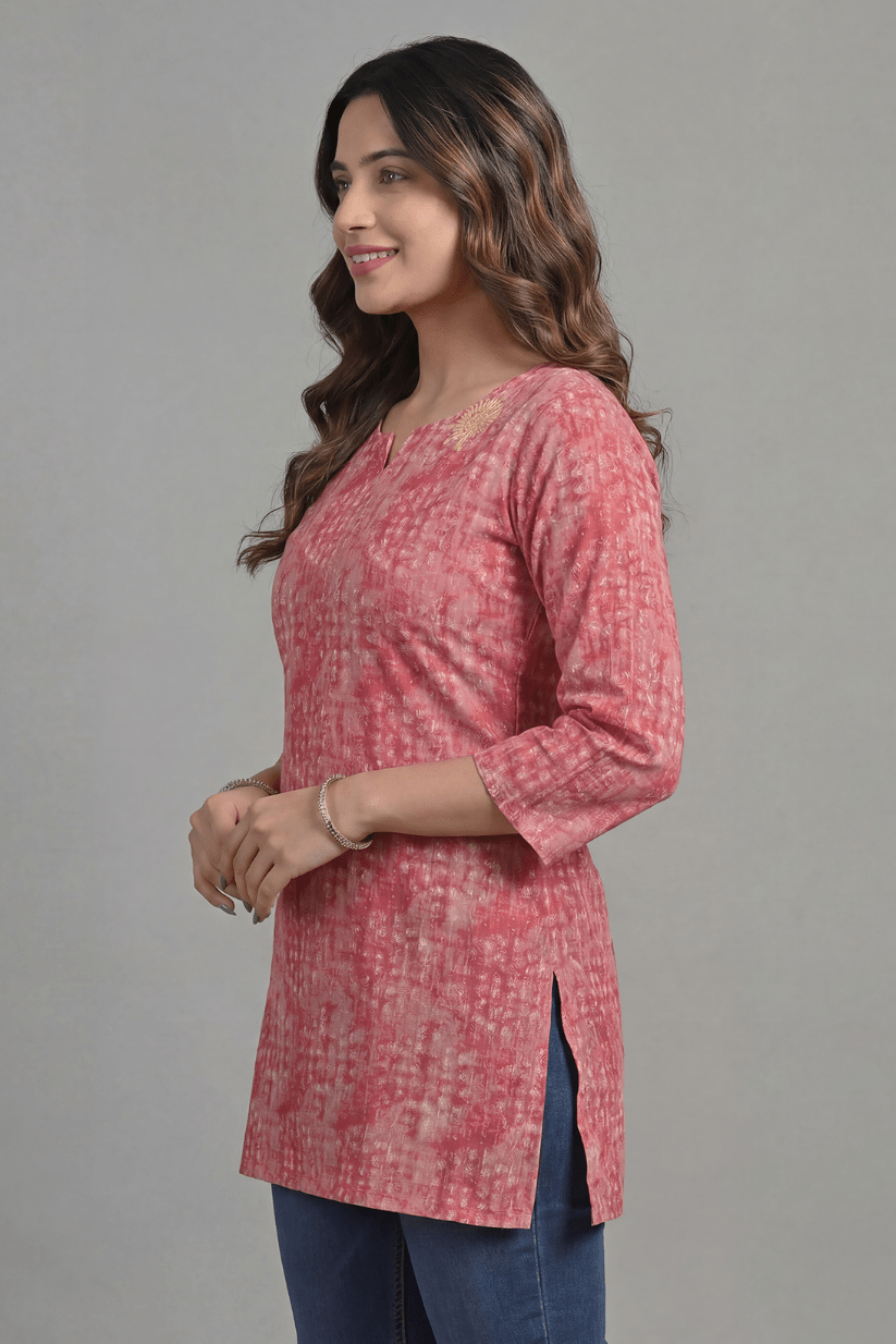 Rose Pink Printed Cotton Kurti - The House of Indu