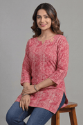 Rose Pink Printed Cotton Kurti - The House of Indu