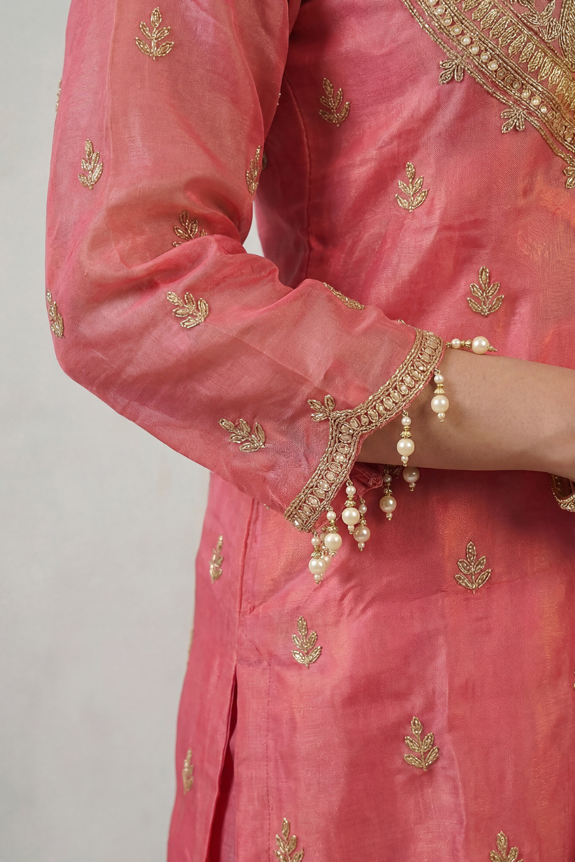 Embroidered sleeve detailing on rose pink festive kurta