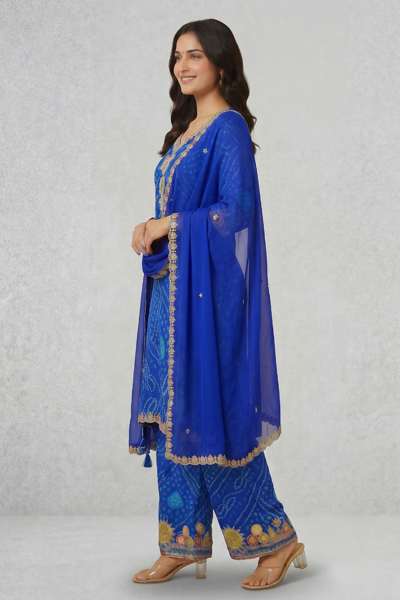 Side view of royal blue embroidered kurta palazzo set with matching dupatta for women festive ethnic wear