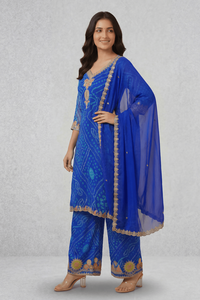 Royal Blue Embroidered Kurta Palazzo Set with Dupatta for Women - The House of Indu