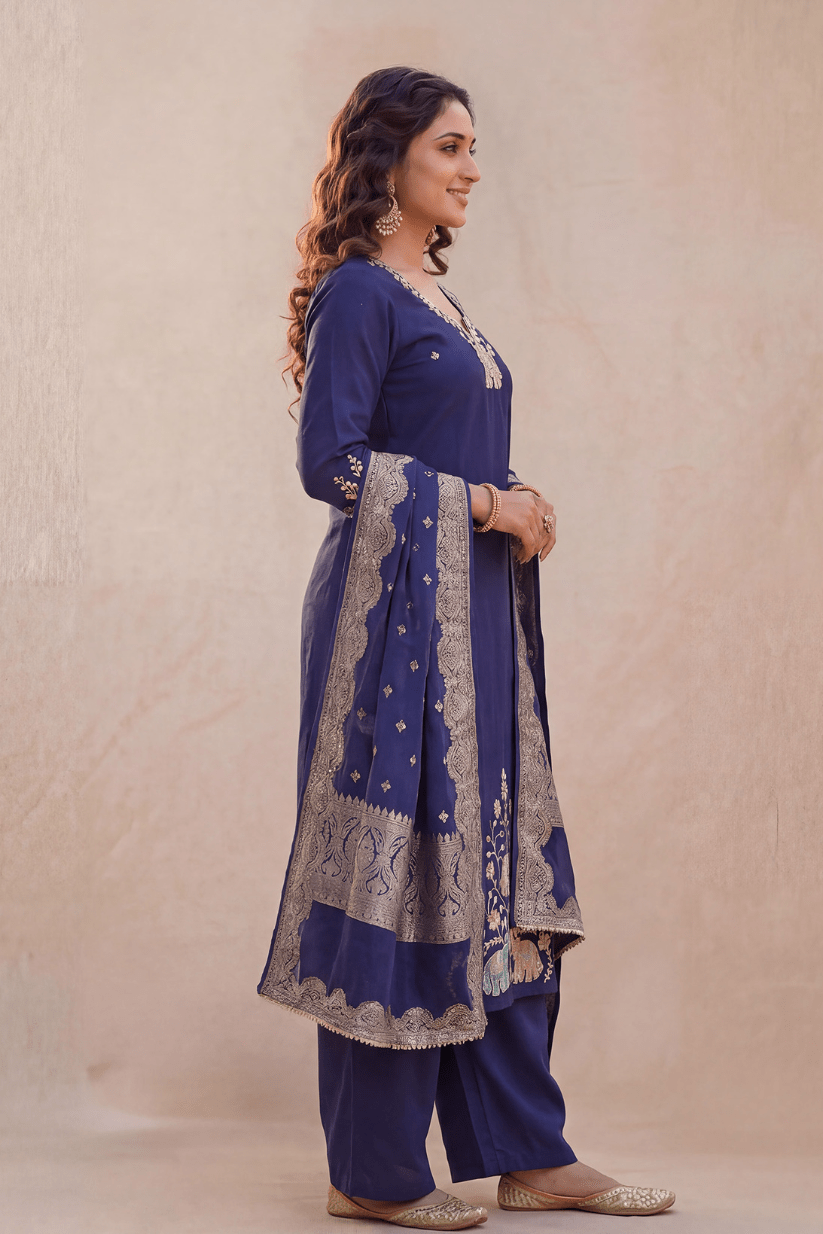 Royal Blue Embroidered Kurta Set with Dupatta - The House of Indu