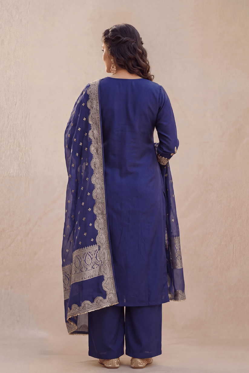 Royal Blue Embroidered Kurta Set with Dupatta - The House of Indu