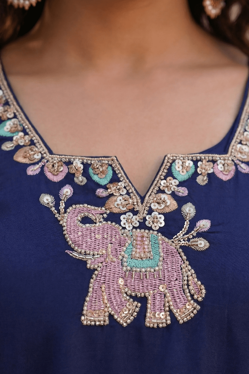 Royal Blue Embroidered Kurta Set with Dupatta - The House of Indu