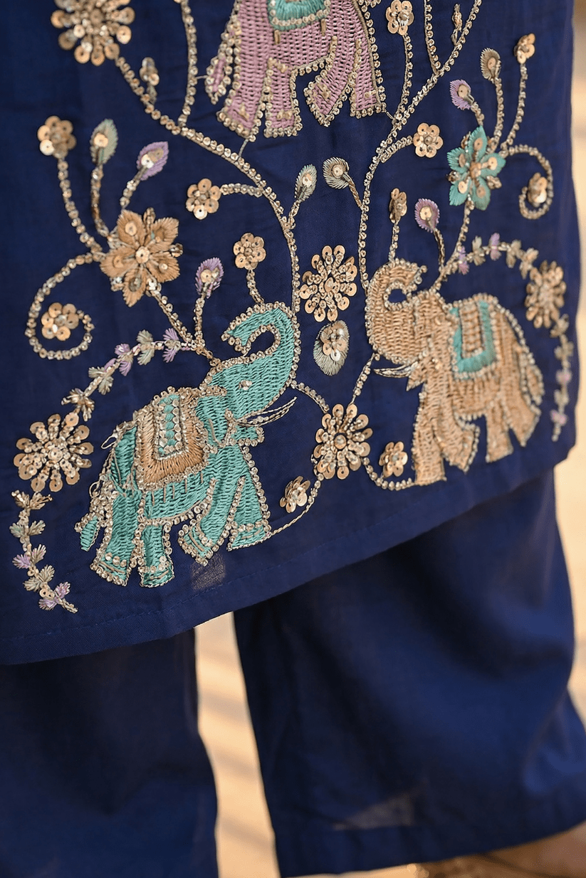 Royal Blue Embroidered Kurta Set with Dupatta - The House of Indu