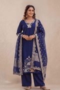 Royal Blue Embroidered Kurta Set with Dupatta - The House of Indu