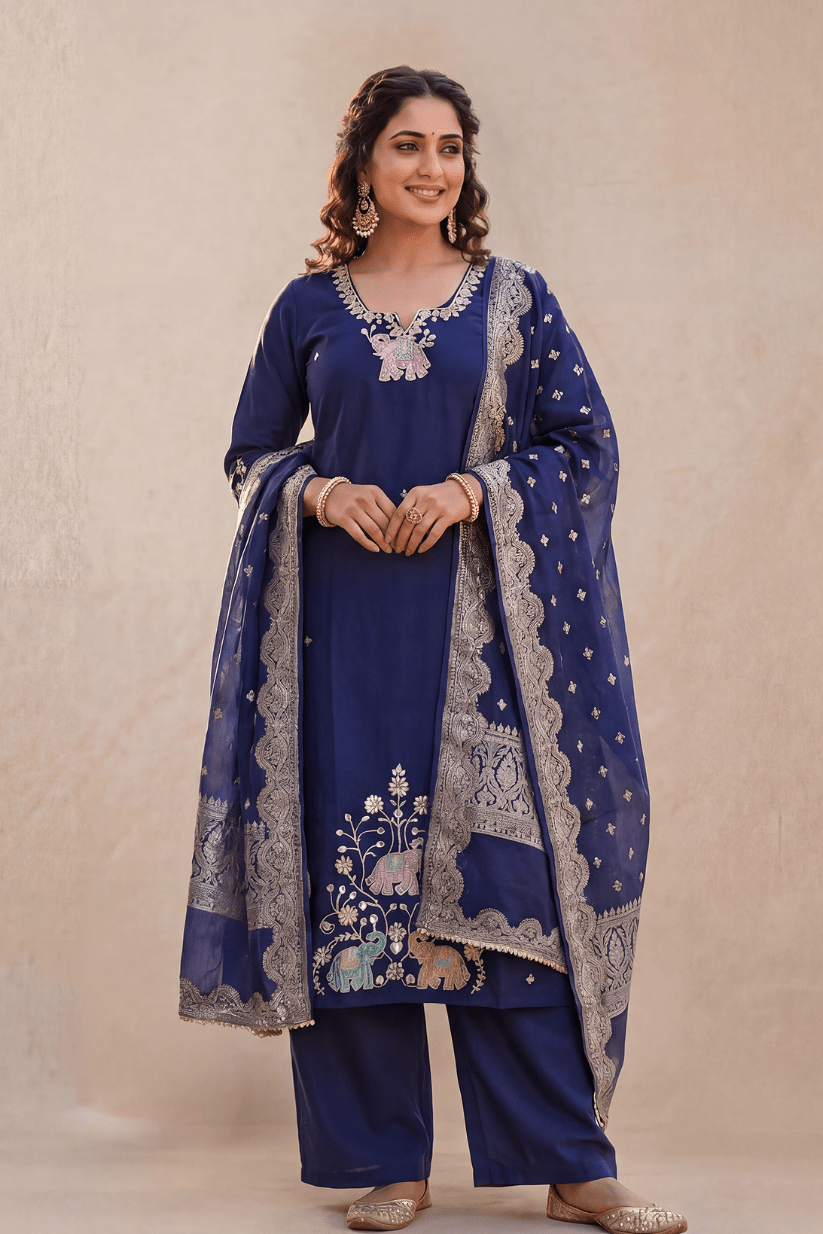 Royal Blue Embroidered Kurta Set with Dupatta - The House of Indu