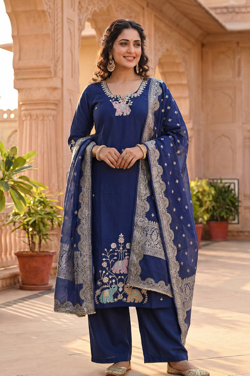 Royal blue embroidered kurta set with dupatta and straight pants for women ethnic wear