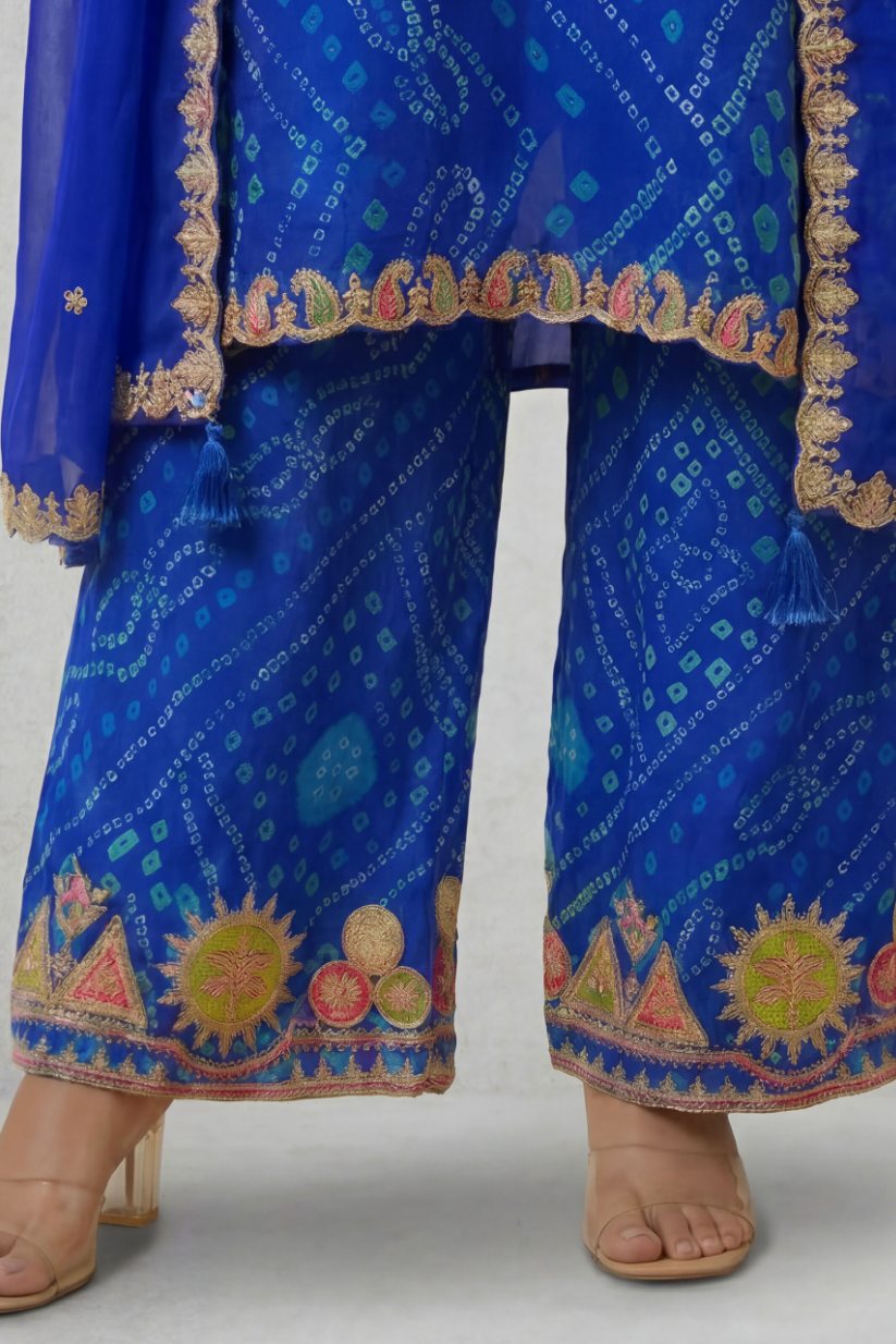 Close up of royal blue embroidered palazzo pants with traditional ethnic border detailing for women festive wear