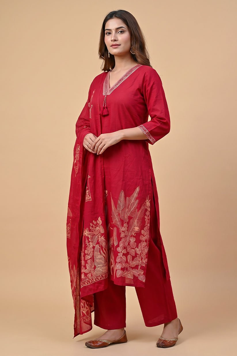 Ruby Red Cotton Suit Set with Printed Dupatta for Women - The House of Indu