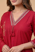 Ruby Red Cotton Suit Set with Printed Dupatta for Women - The House of Indu