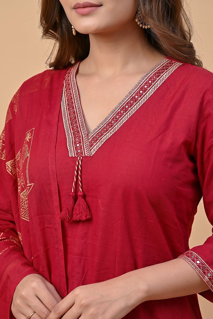 Ruby Red Cotton Suit Set with Printed Dupatta for Women - The House of Indu