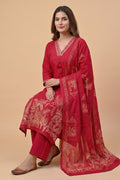 Ruby Red Cotton Suit Set with Printed Dupatta for Women - The House of Indu