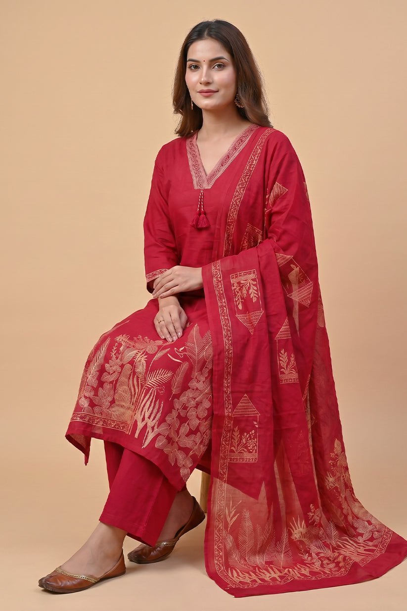 Ruby Red Cotton Suit Set with Printed Dupatta for Women - The House of Indu