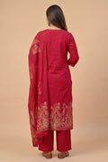 Ruby Red Cotton Suit Set with Printed Dupatta for Women - The House of Indu