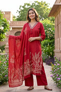 Ruby Red Cotton Suit Set with Printed Dupatta for Women - The House of Indu