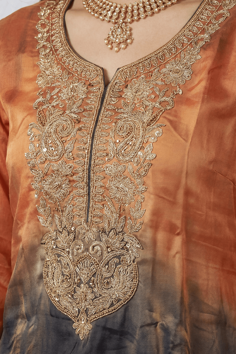Rust Black Ombre Embroidered Kurta Set for Festive & Party Wear Women - The House of Indu