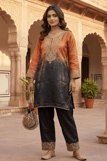 Rust Black Ombre Embroidered Kurta Set for Festive & Party Wear Women - The House of Indu