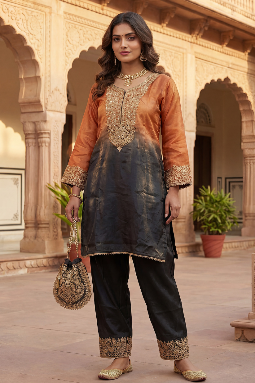 Women rust black ombre embroidered kurta set front view