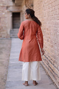 Rust Chanderi Kurti with Embroidered Neckline - The House of Indu