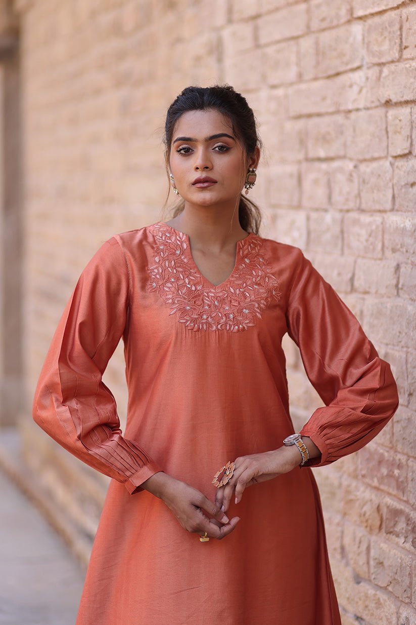 Rust Chanderi Kurti with Embroidered Neckline - The House of Indu
