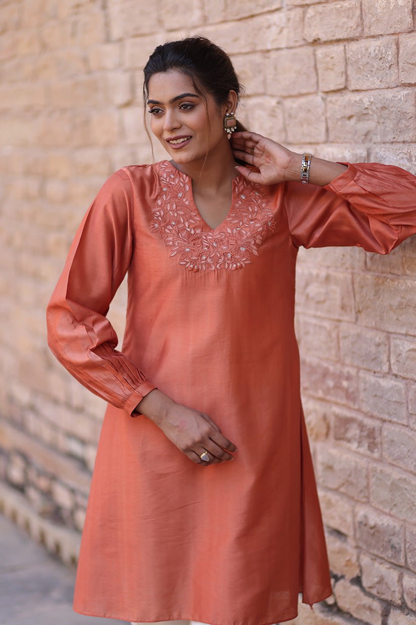 Rust Chanderi Kurti with Embroidered Neckline - The House of Indu
