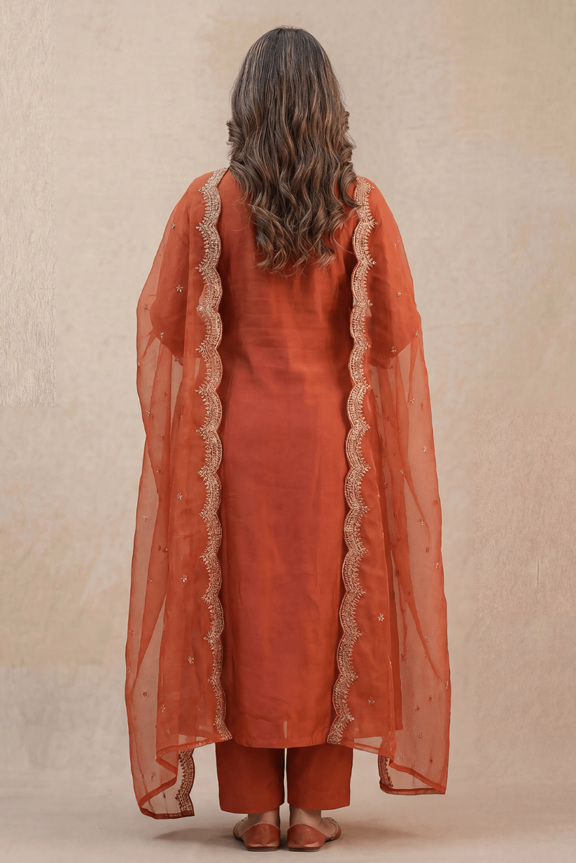 Rust Ember Embroidered Kurta Set with Statement Dupatta - The House of Indu