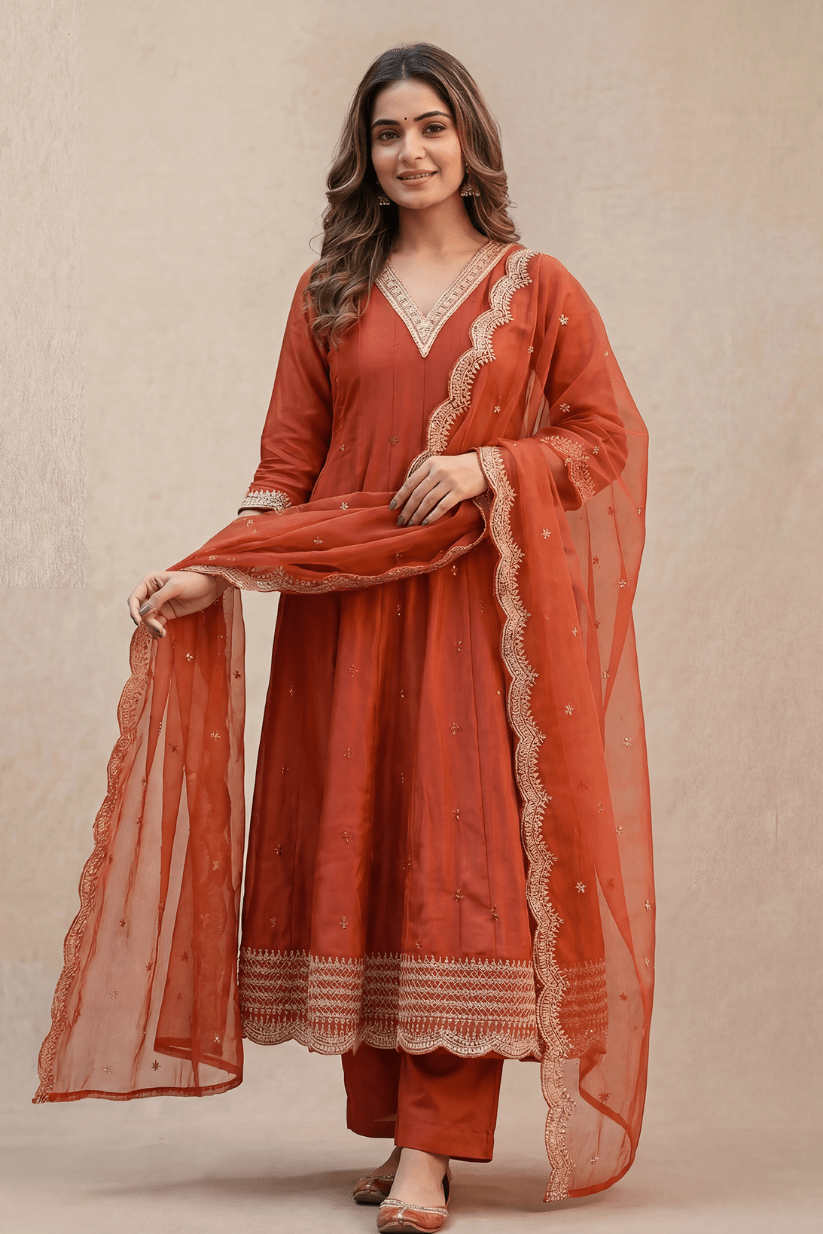 Rust Ember Embroidered Kurta Set with Statement Dupatta - The House of Indu
