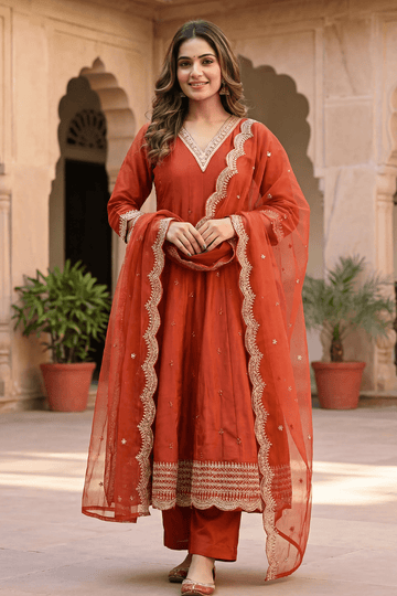 Rust Ember Embroidered Kurta Set with Statement Dupatta - The House of Indu